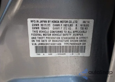 2010 Honda Fit z USA, uszkodzony, nr VIN JHMGE8H21AS011436